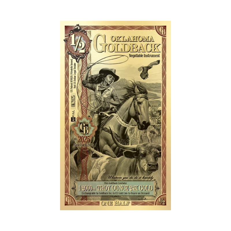 Gold 1/2 Oklahoma Goldback-Note, 1/2000 Unze.