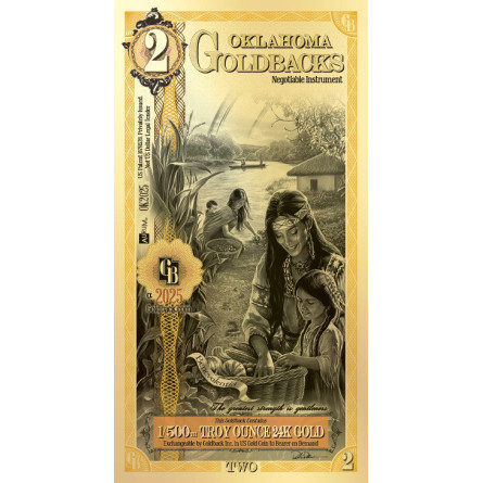 Złoty Banknote 2 Oklahoma Goldback Gold Note, 1/500 uncji Front