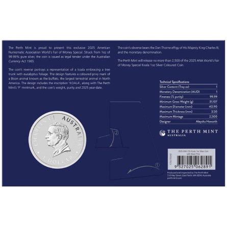 Australian Koala 2025 Bison Privy Silver Coin, 1 oz ANA - front