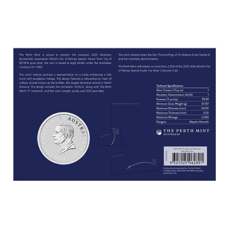 Australian Koala 2025 Bison Privy Silver Coin, 1 oz ANA - back