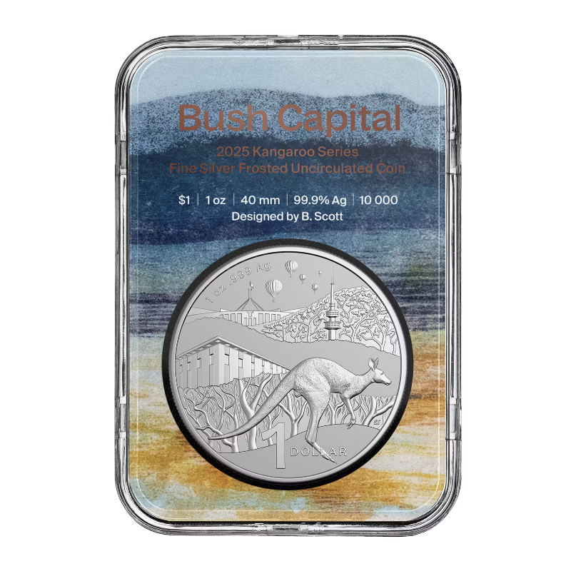 Srebrna RAM Kangaroo Bush Capital 2025 coin, 1 uncja - front Srebrna RAM Kangaroo Bush Capital 2025 coin, 1 uncja - front