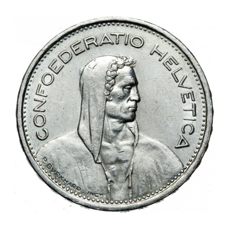 Срібна монета Швейцарія, 5 франків, 1917 - 1967 роки, 15 грам - реверс Срібна монета Швейцарія, 5 франків, 1917 - 1967 роки, 15 грам - реверс