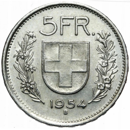 Srebrna Moneta Szwajcaria, 5 Franków, 1917 - 1967, 15gr - rewers