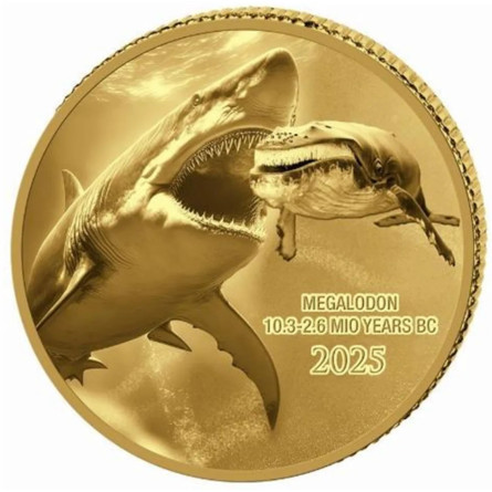 Prehistoric Life II gold coin: Megalodon 2025, 0.5g - reverse side