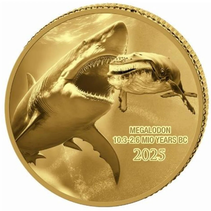 Prehistoric Life II gold coin: Megalodon 2025, 0.5g - reverse side Prehistoric Life II gold coin: Megalodon 2025, 0.5g - reverse side