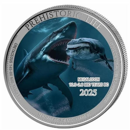 Prehistoric Life II: Megalodon 2025 Color silver coin, 1 oz - reverse side