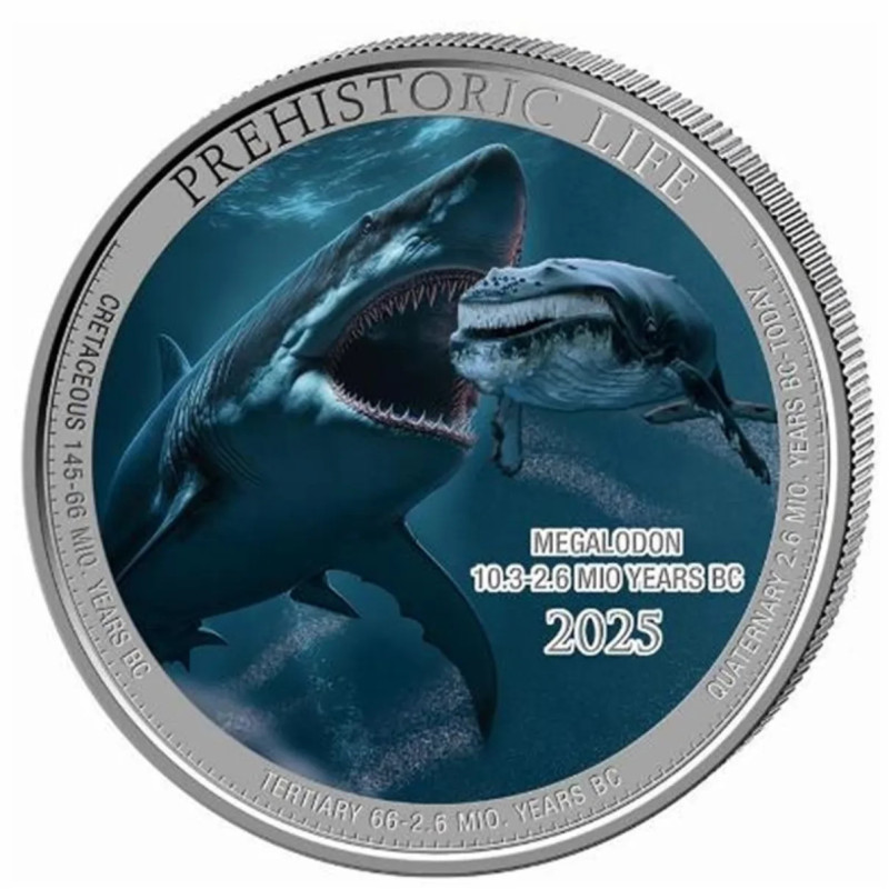 Prehistoric Life II: Megalodon 2025 Color silver coin, 1 oz - reverse side