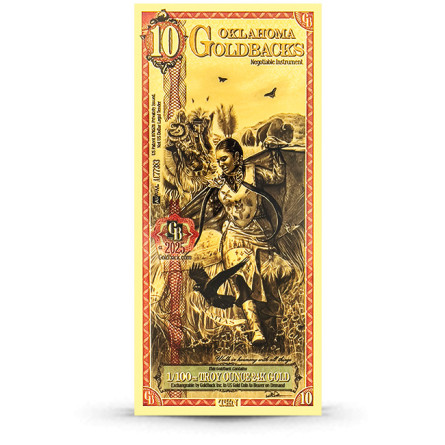 Złoty Banknot 10 Oklahoma Goldback Gold Note, 1/100 uncji - front
