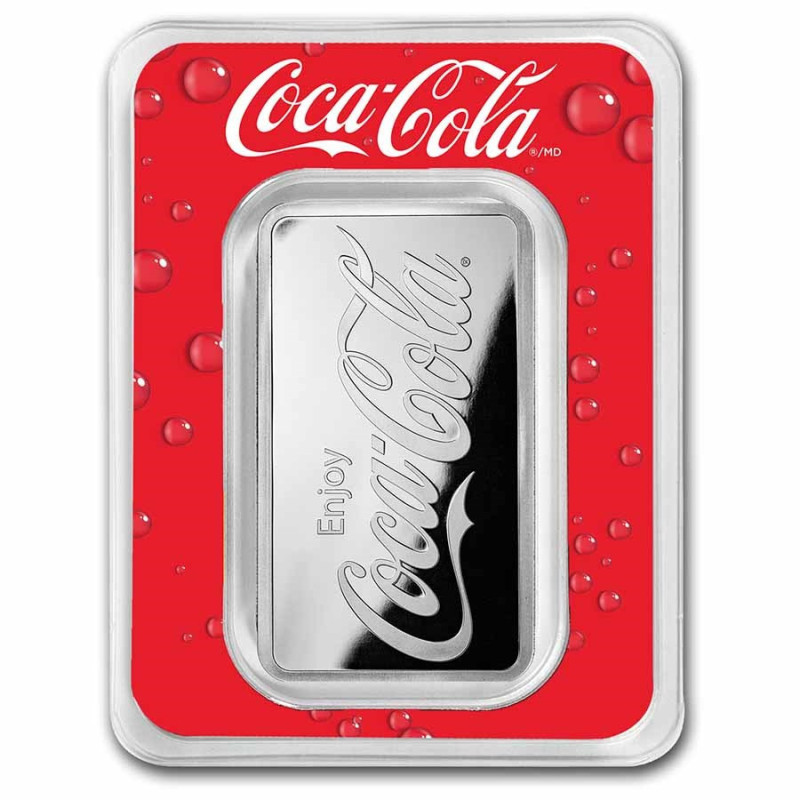 Srebrna  Sztabka Coca-Cola w Blistrze 1 uncja front