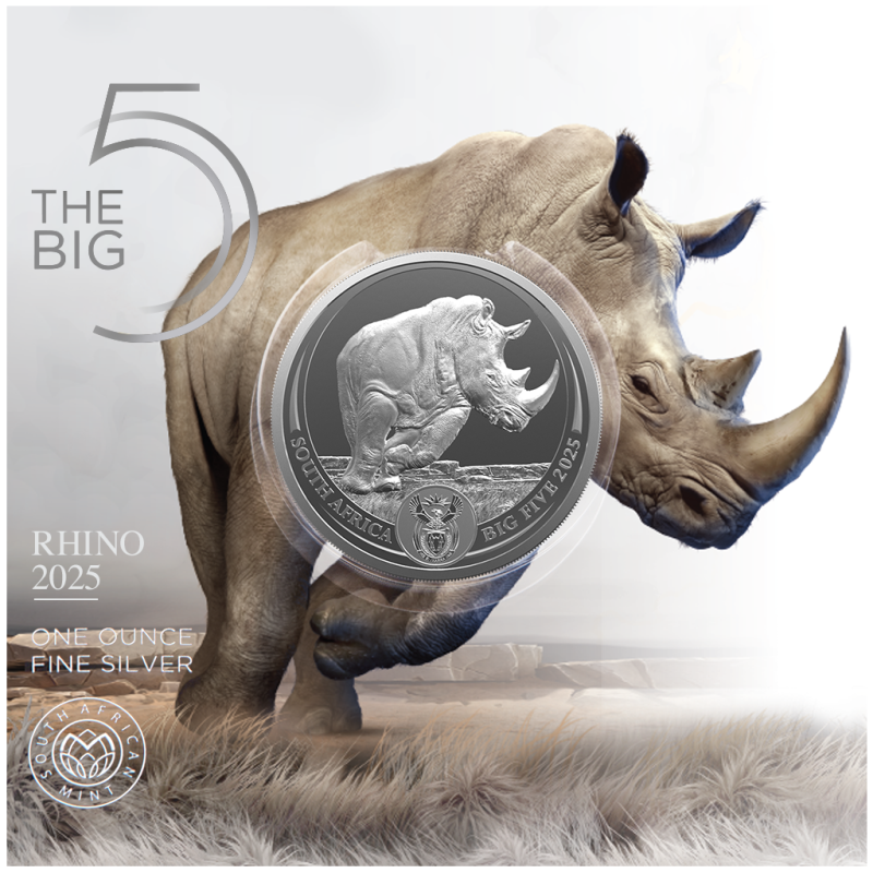 Srebrna Moneta Big Five III: Rhino 2025, 1 uncja - front