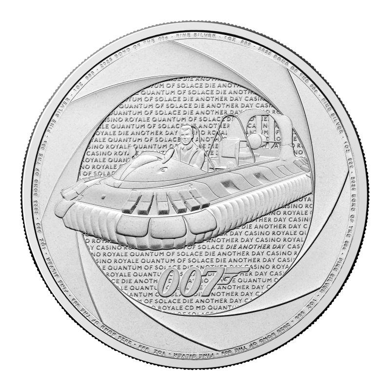Srebrna Moneta Sechs Jahrzehnte 007: Bond-Filme der 2000er Jahre 2025, 1 uncja - rewers Srebrna Moneta Sechs Jahrzehnte 007: Bond-Filme der 2000er Jahre 2025, 1 uncja - rewers