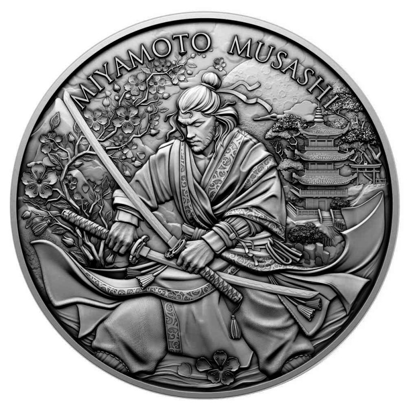 Legendary Warriors Silver Medal: Miyamoto Musashi Antiqued, 1 oz - reverse.