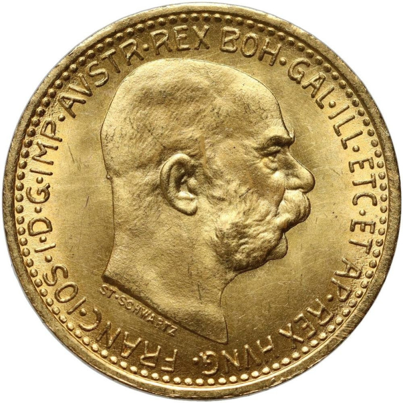 Złota moneta Austria, 10 Koron 1892 - 1918, 3,39 grama - awers