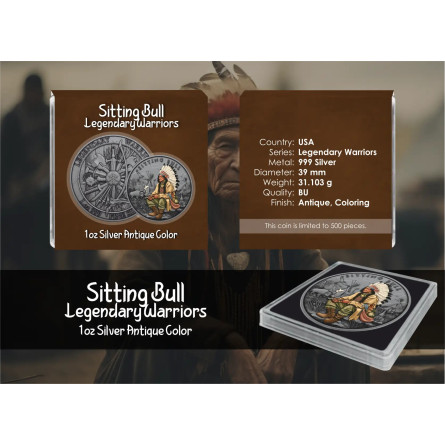 Srebrny Medal Legendary Warriors: Sitting Bull Color, 1 uncja - box Srebrny Medal Legendary Warriors: Sitting Bull Color, 1 uncja - box