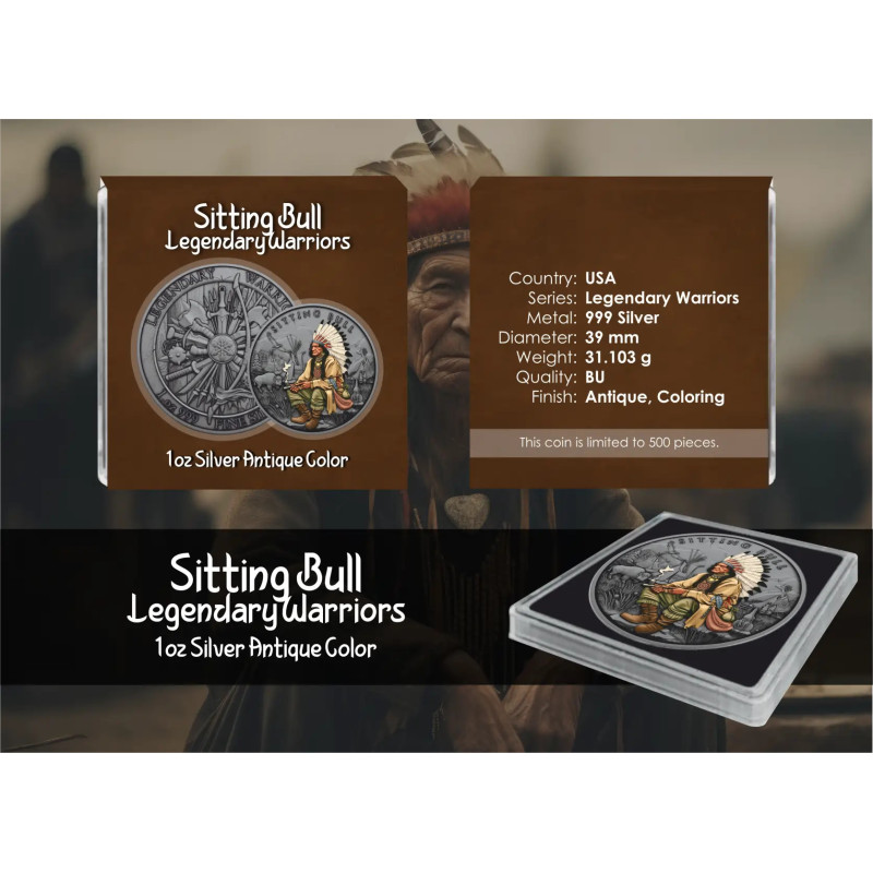 Srebrny Medal Legendary Warriors: Sitting Bull Color, 1 uncja - box Srebrny Medal Legendary Warriors: Sitting Bull Color, 1 uncja - box