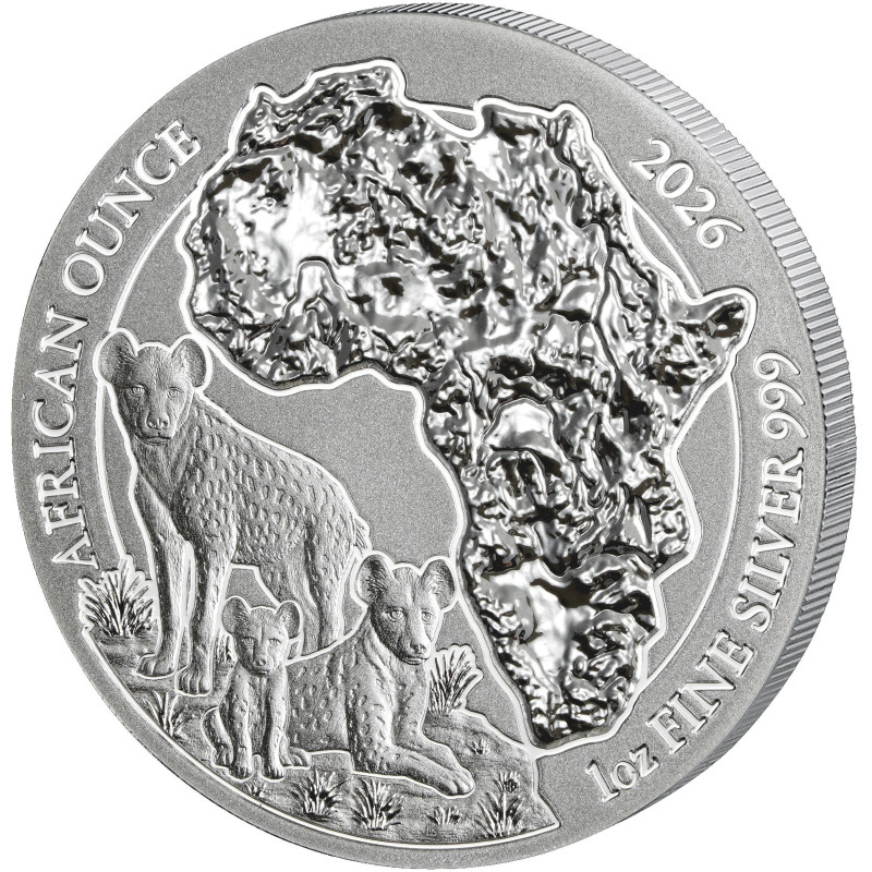 African Ounce Silver Coin: Spotted Hyena 2026, 1 oz - reverse side African Ounce Silver Coin: Spotted Hyena 2026, 1 oz - reverse side