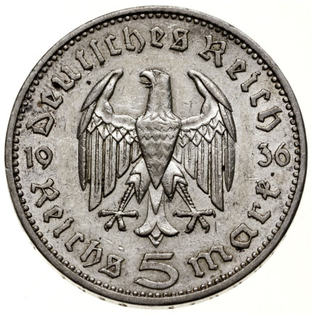 Срібна монета Німеччина, 5 марок 1934-1939 років, 12,5 грам - аверс Срібна монета Німеччина, 5 марок 1934-1939 років, 12,5 грам - аверс