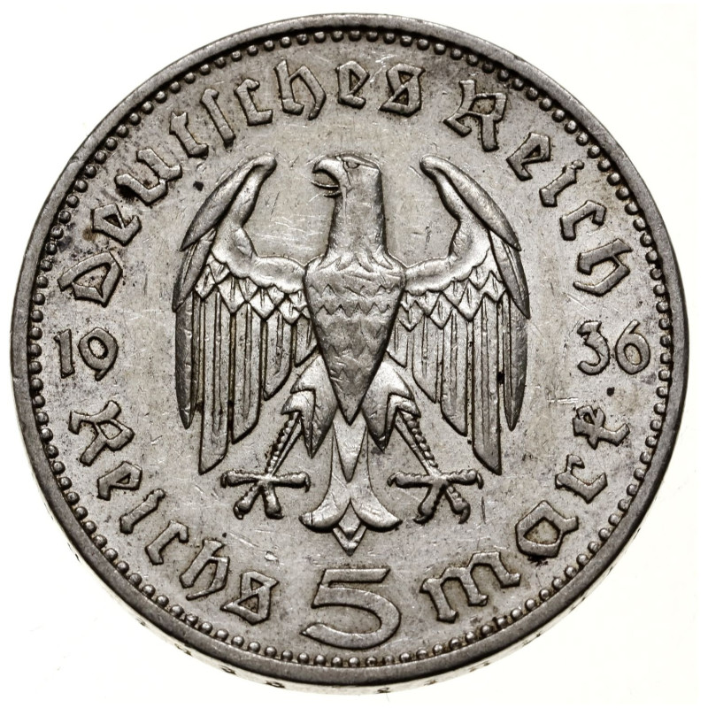 Срібна монета Німеччина, 5 марок 1934-1939 років, 12,5 грам - аверс Срібна монета Німеччина, 5 марок 1934-1939 років, 12,5 грам - аверс