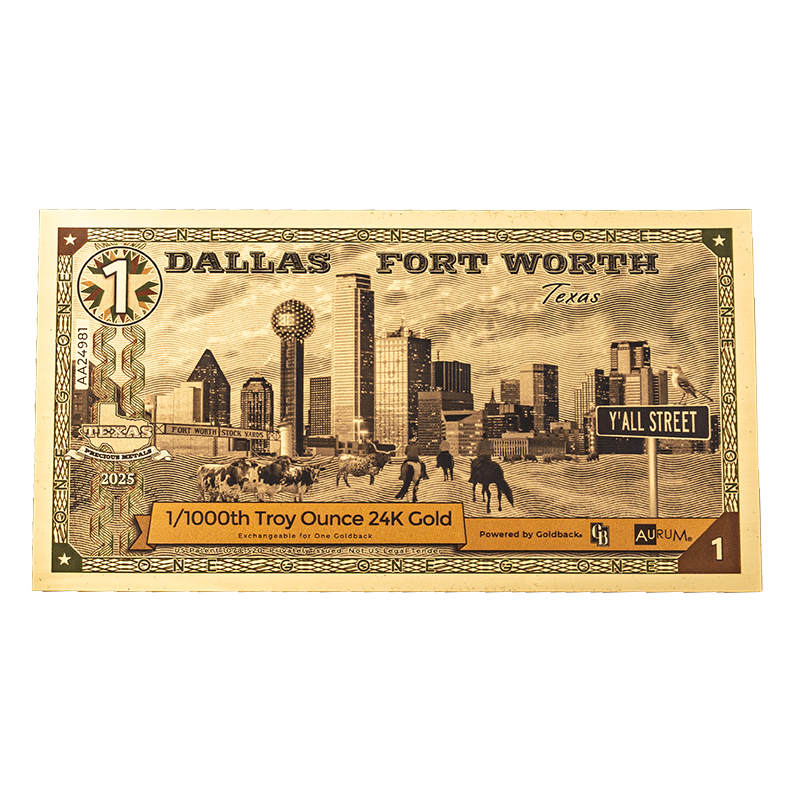 Złoty Banknot 1 Dallas Goldback Gold Note - Special Edition, 1/1000 uncji - front Złoty Banknot 1 Dallas Goldback Gold Note - Special Edition, 1/1000 uncji - front