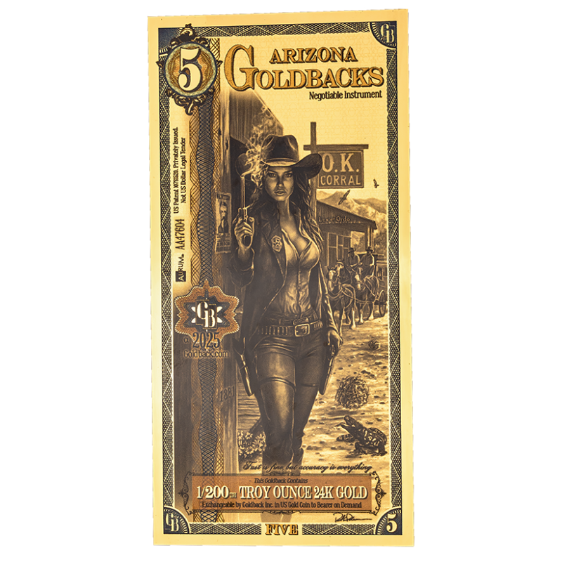 Złoty Banknot 5 Arizona Goldback Gold Note, 1/200 uncji - front Złoty Banknot 5 Arizona Goldback Gold Note, 1/200 uncji - front