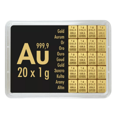 Złota Sztabka Valcambi Combicoin, 20x 1g - front