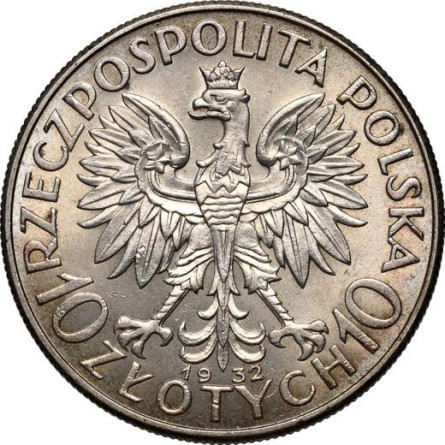 Срібна монета 10ПЛН Голова жінки 1932-1933 рр., 22 г (гарний стан) - аверс