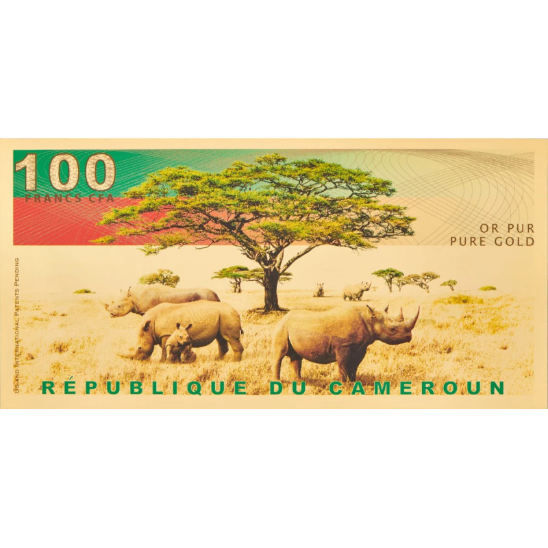Gold Aurum 100 CFA Cameroon Black Rhinoceros Banknote, 1/1000 oz - back