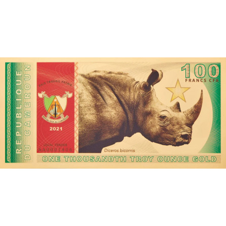Złoty Banknote Aurum 100 CFA Kamerun Schwarzes Nashorn, 1/1000 uncji Vorderseite Złoty Banknote Aurum 100 CFA Kamerun Schwarzes Nashorn, 1/1000 uncji Vorderseite