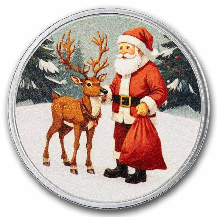 Silber Weihnachtsmann & Rentier Medaille (Box & COA), 1 Unze - Vorderseite Silber Weihnachtsmann & Rentier Medaille (Box & COA), 1 Unze - Vorderseite