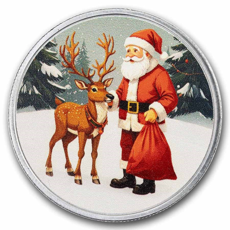 Silver Santa & Reindeer Medal (Box & COA), 1 oz - obverse.