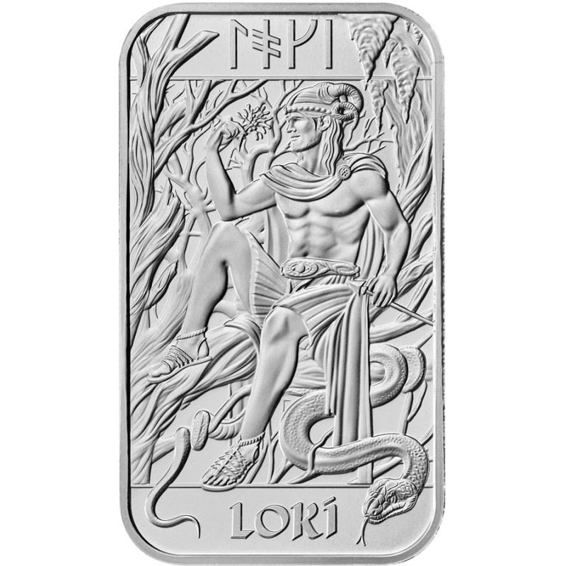 Norse Gods Silver Bar - Loki, 1 oz - front. Norse Gods Silver Bar - Loki, 1 oz - front.