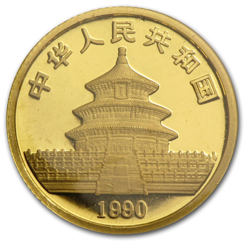 Złota Moneta Chińska Panda 1990, 1/10 uncji - awers