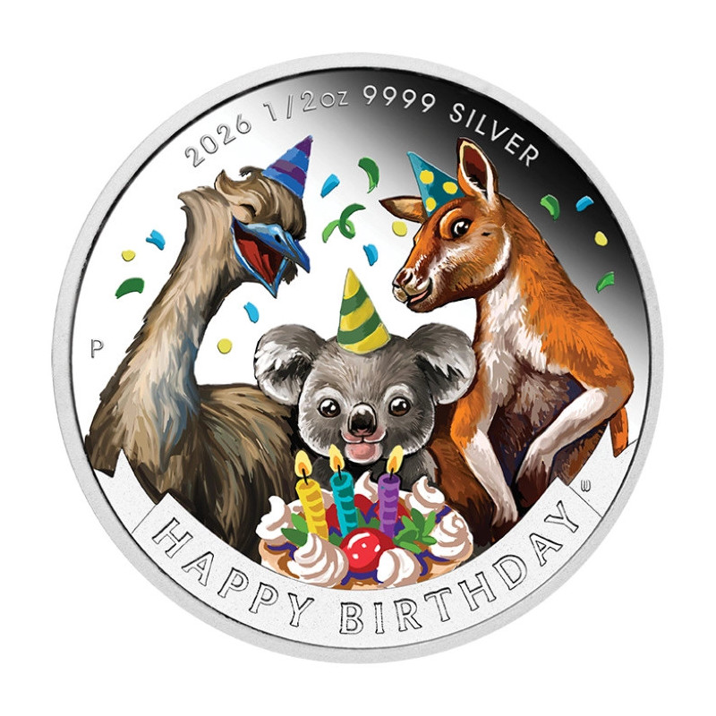 Silber Happy Birthday 2026 Proof-Münze, 1/2 Unze. Silber Happy Birthday 2026 Proof-Münze, 1/2 Unze.