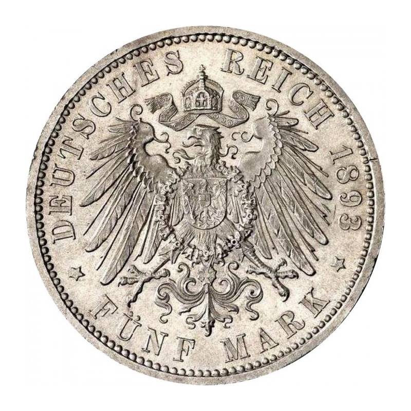 Srebrna Moneta Cesarstwo Niemiecki  5 Marek 1891 - 1908, 27,77 grama - rewers