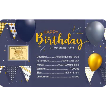 Złota Sztabka Happy Birthday Karta 1/1000 uncji front