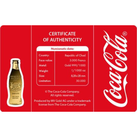 Złota Moneta Coca Cola Butelka karta 1/1000 uncji front