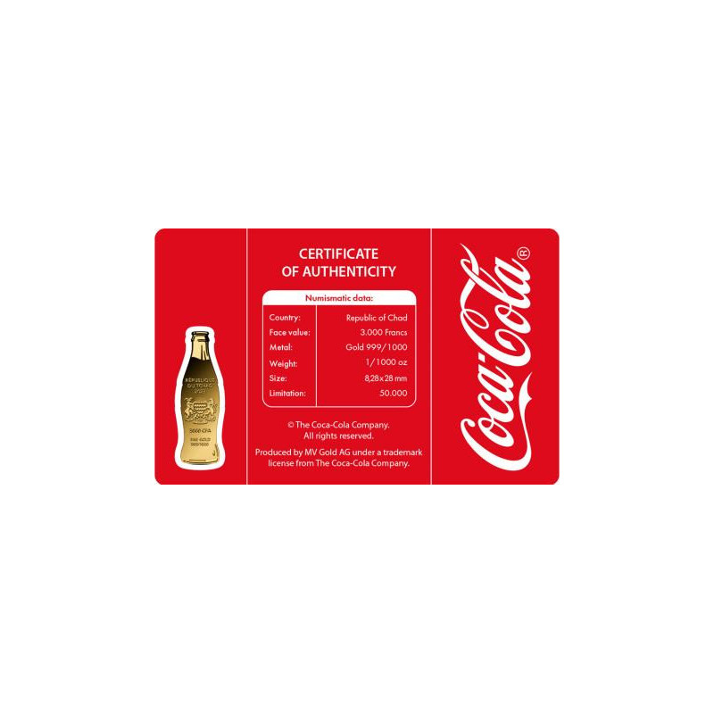 Coca-Cola-Flasche-Goldmünze, 1/1000 Unze, Rückseite Coca-Cola-Flasche-Goldmünze, 1/1000 Unze, Rückseite