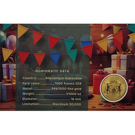 Złota Moneta Gabon, Birthday Cake, 1/1000 uncji - front