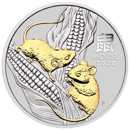 Срібна монета Lunar III: Рік миші 2020, позолочена, 1 унція чистого срібла - зворотний бік Срібна монета Lunar III: Рік миші 2020, позолочена, 1 унція чистого срібла - зворотний бік