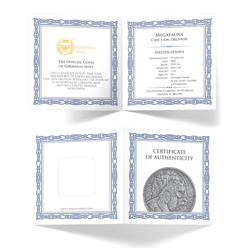 Silver Coin Germany Mint Megafauna: Cave Lion 2026 Oblivion, 1 oz - cert Silver Coin Germany Mint Megafauna: Cave Lion 2026 Oblivion, 1 oz - cert