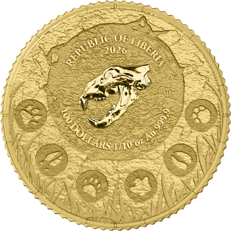 Goldmünze Germania Mint Megafauna: Höhlenlöwe 2026, 1/10 Unze – Vorderseite