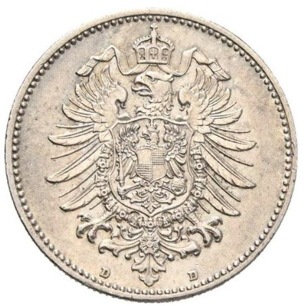 Срібна монета Німецька імперія, 1 марка 1873–1887, 5,55 грама — аверс