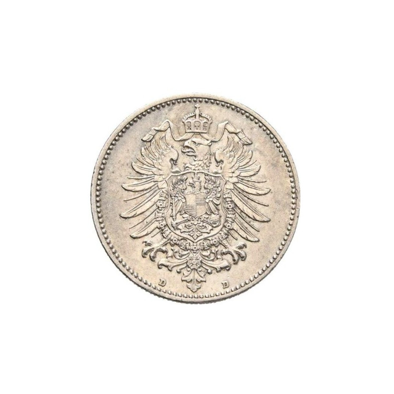 Срібна монета Німецька імперія, 1 марка 1873–1887, 5,55 грама — реверс Срібна монета Німецька імперія, 1 марка 1873–1887, 5,55 грама — реверс
