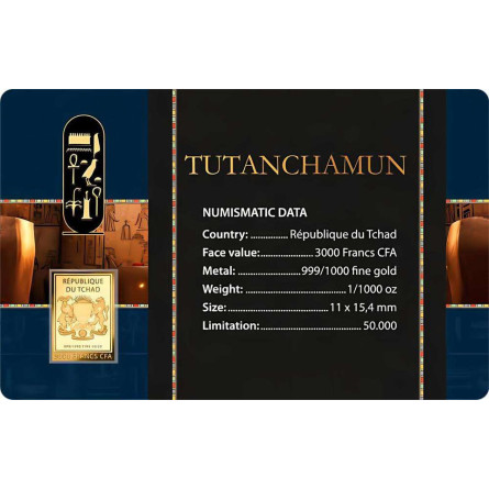 Złota Sztabka Tutenchamon Karta 1/1000 uncji front