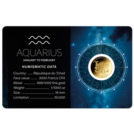 Złota Moneta Znak Zodiaku Wodnik karta 1/1000 uncji front