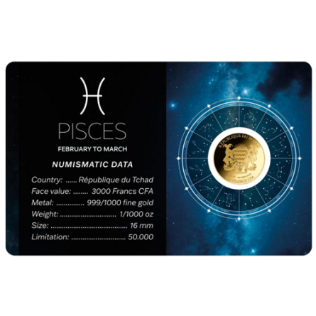 Złota Moneta Znak Zodiaku Ryby Karta 1/1000 uncji front