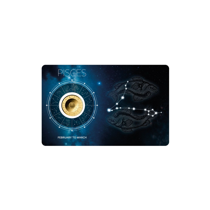 Złota Moneta Znak Zodiaku Ryby Karta 1/1000 uncji front