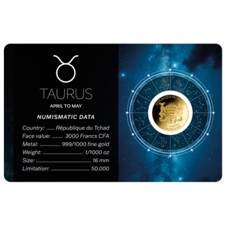 Złota Moneta Znak Zodiaku Byk Karta 1/1000 uncji front