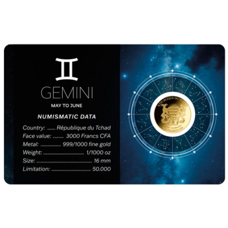 Złota Moneta Znak Zodiaku Bliźnięta Karta 1/1000 uncji front