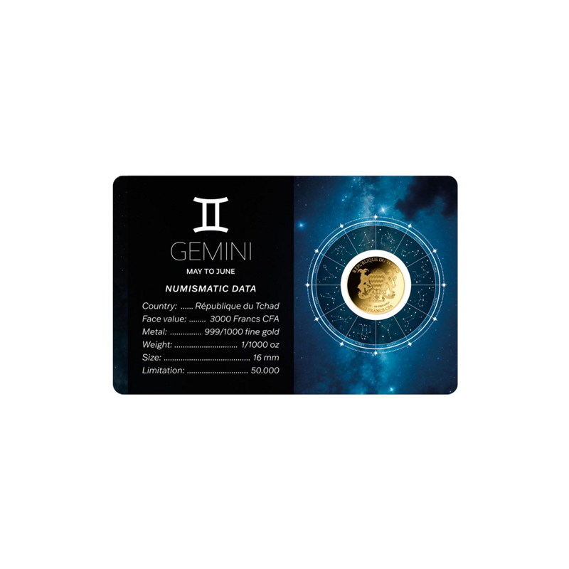 Złota Moneta Znak Zodiaku Bliźnięta Karta 1/1000 uncji back